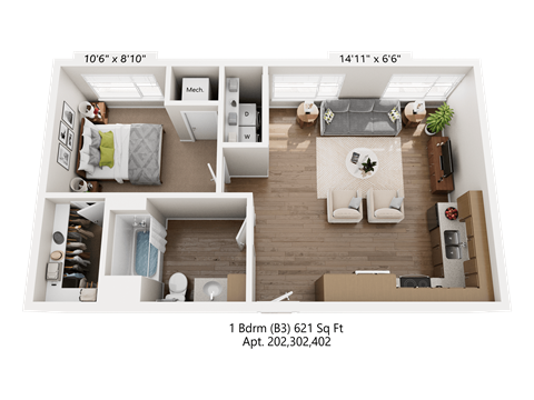 Floor plan for 1 bed, 1 bath, 612 sqft